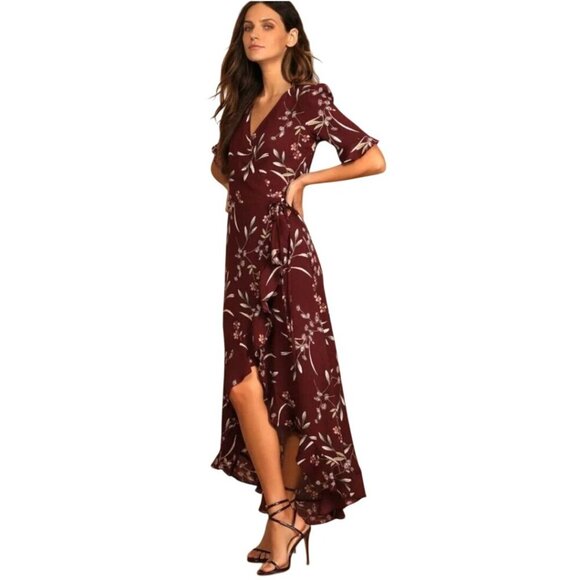 Lulus Wild Winds Burgundy Floral Print High Low Wrap Dress Size S - Picture 4 of 13